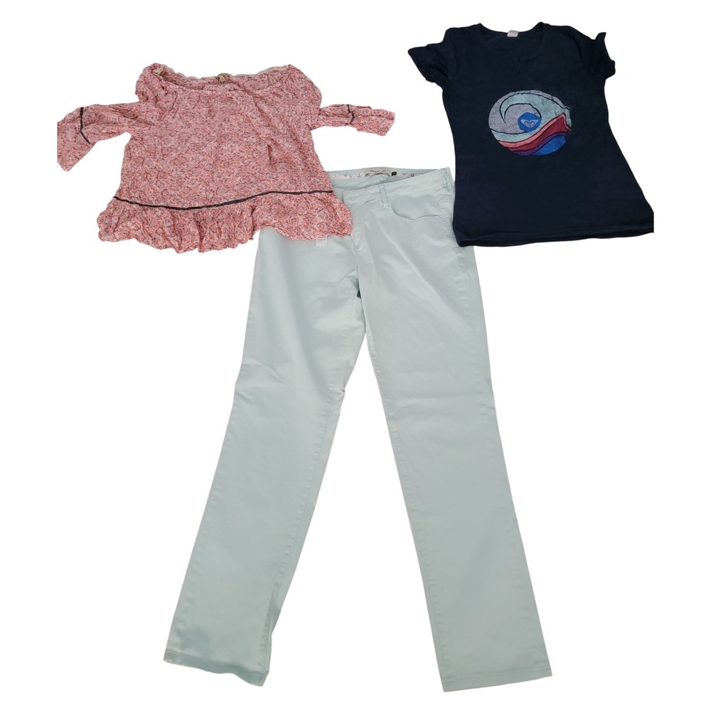 Womens Roxi Democracy Christopher Blue Top‎ Pants Bundle Size L 10-12 3 Lot Item